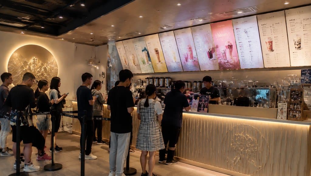 现代奶茶店内部，顾客排队点单，缤纷菜单墙与木质吧台，写实都市场景