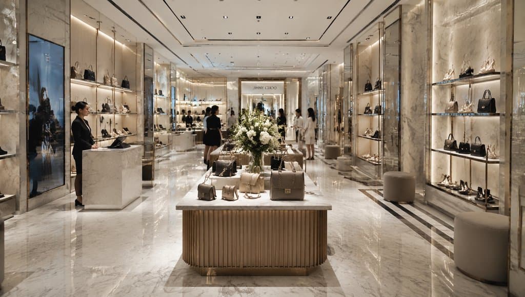 现代奢华奢侈品店内部，大理石地面与展柜，陈列名牌包与高跟鞋，金色装饰，明亮灯光