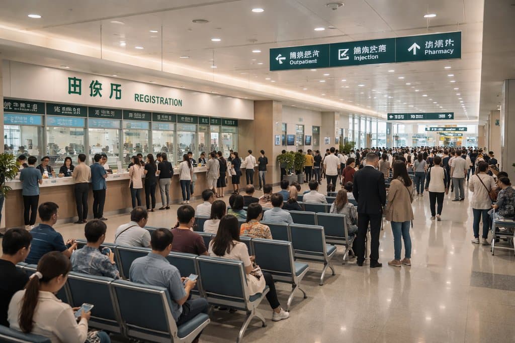 现代医院门诊大厅，挂号窗口前排队人群，候诊区坐满患者，指示牌清晰指引方向，写实风格