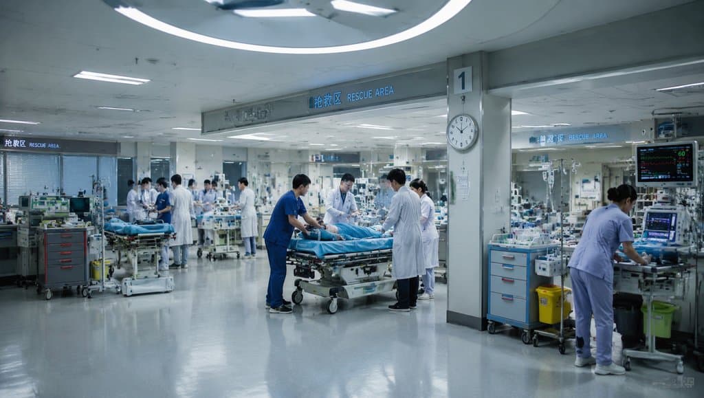 现代急诊室场景，医护人员忙碌救治患者，推床与急救设备环绕，写实风格
