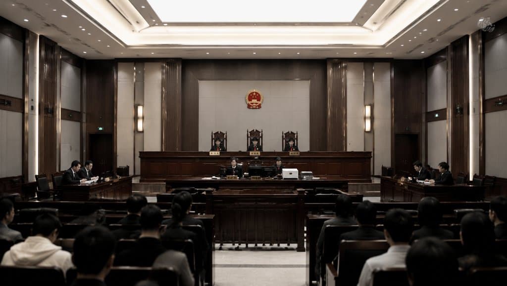 现代法庭审判场景，法官席前悬挂法徽，原被告席对称布置，观众席坐满旁听人员，写实风格