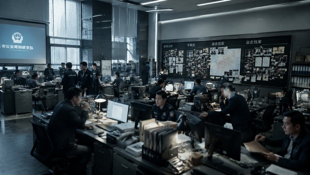 现代警察局办公区，警员忙碌工作，案情板与警徽清晰可见，写实风格