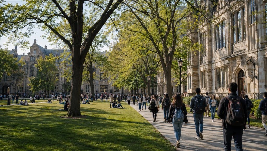大学校园林荫道，学生漫步于教学楼间，绿树成荫，草坪上有人休憩，写实风格