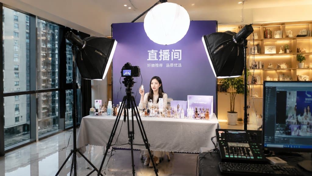 直播间内主播展示美妆产品，配备专业补光灯和摄像设备，现代都市写实风格