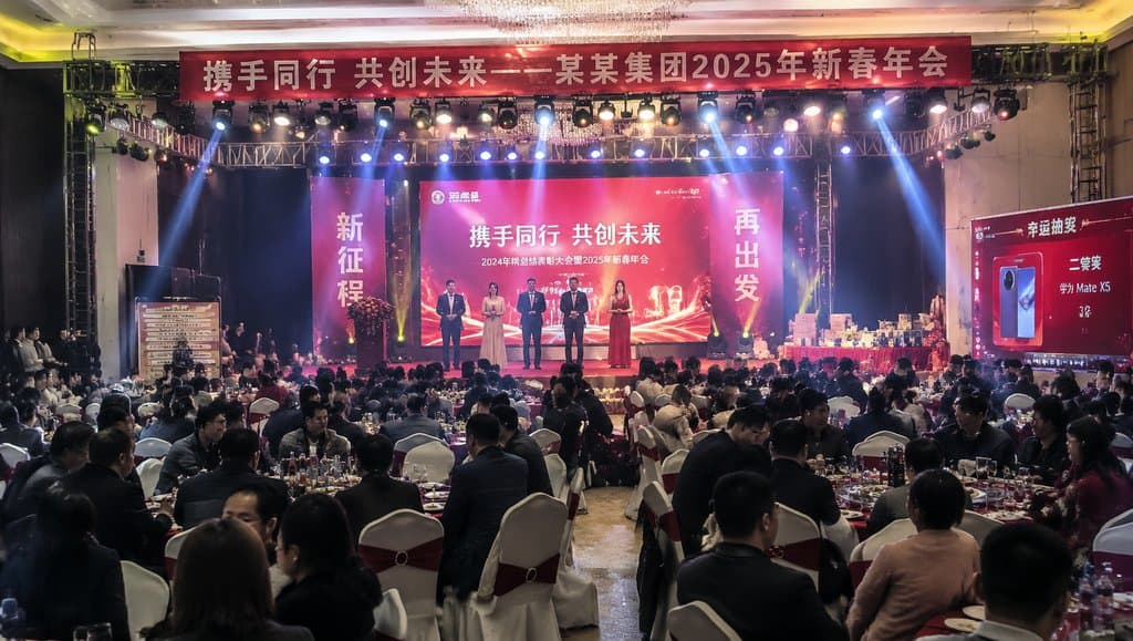 公司年会现场，舞台灯光璀璨，圆桌宴席整齐排列，横幅标语醒目，现代都市写实风格