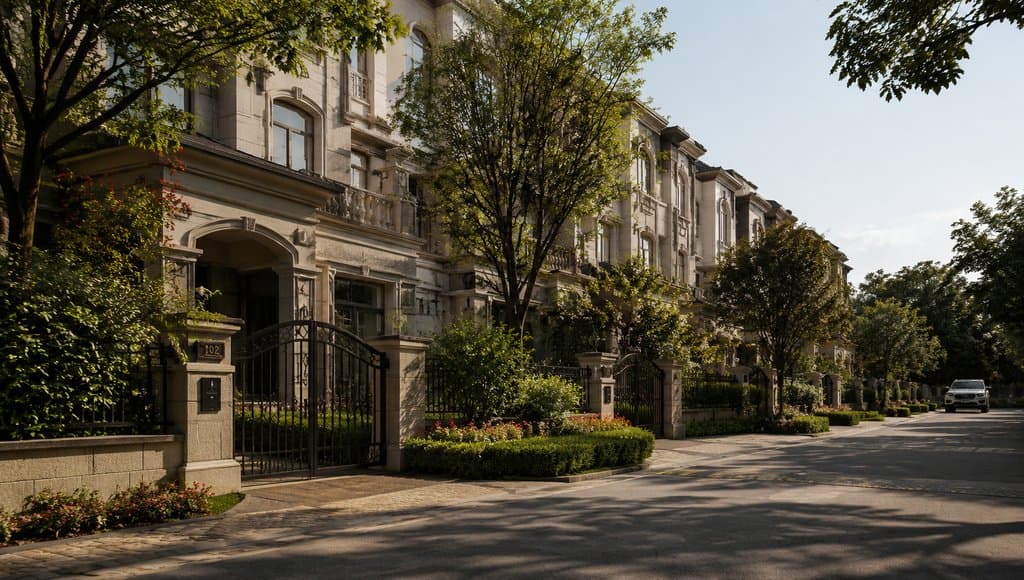 城郊联排别墅区，绿树成荫，现代写实风格住宅街道
