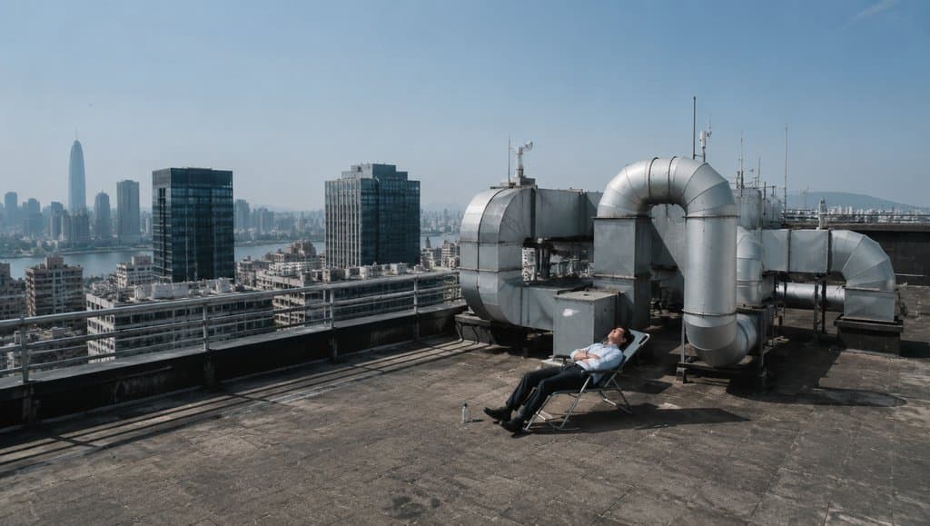 男子躺在写字楼天台的折叠椅上，背景是现代都市高楼与通风管道，写实风格
