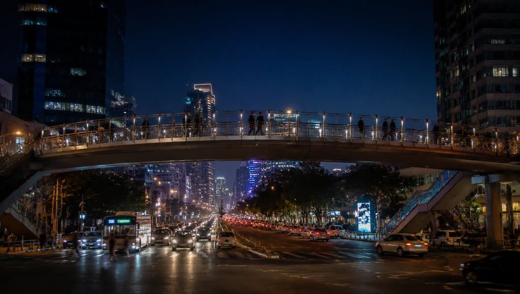 夜幕下的城市天桥，车流灯火璀璨，行人穿行其上，现代都市写实场景