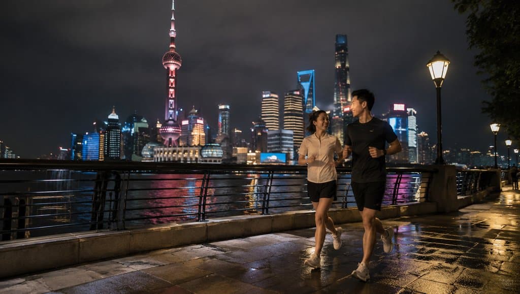 夜晚江边步道上，一对男女正在跑步，背景是璀璨的现代都市夜景，东方明珠塔清晰可见，灯光倒映水中，氛围写实生动。