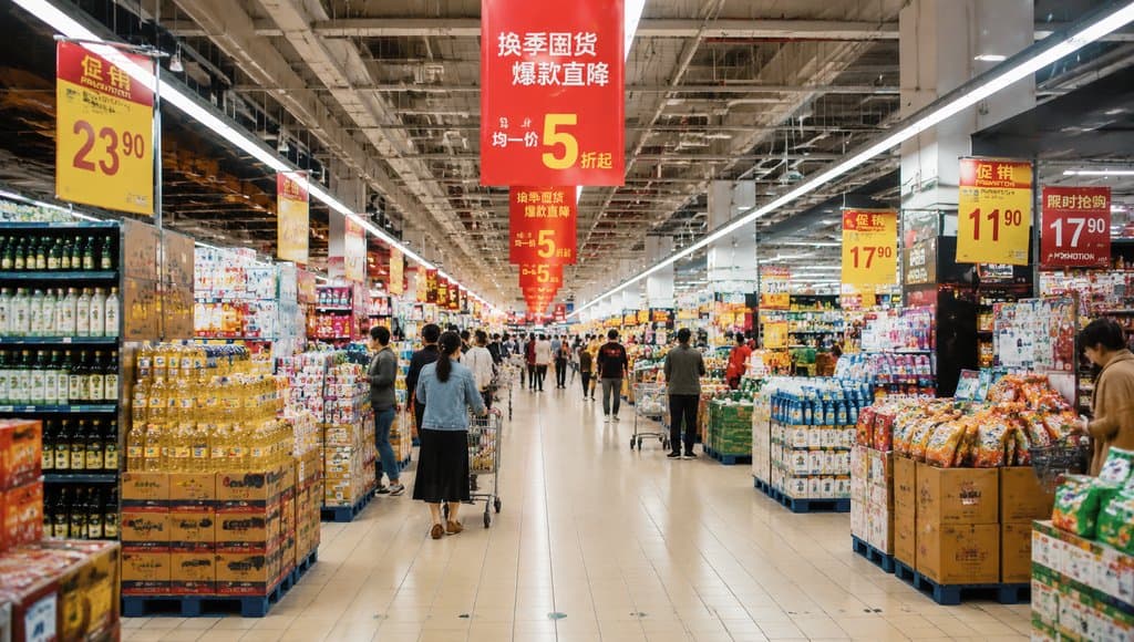 超市内部货架长廊，顾客推购物车选购商品，悬挂促销标，现代都市写实风格