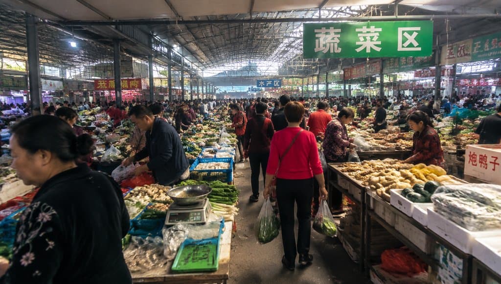 繁忙的菜市场内，人群穿梭于摊位间，蔬菜区标识醒目，摊贩称重售卖生鲜蔬果，写实风格场景