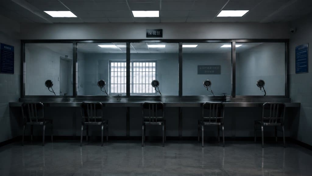 看守所探视室，玻璃隔断与铁椅，冷色调现代写实场景