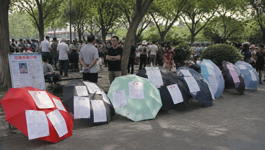 相亲角场景，伞下贴满征婚资料，人群聚集，市井生活写实画面
