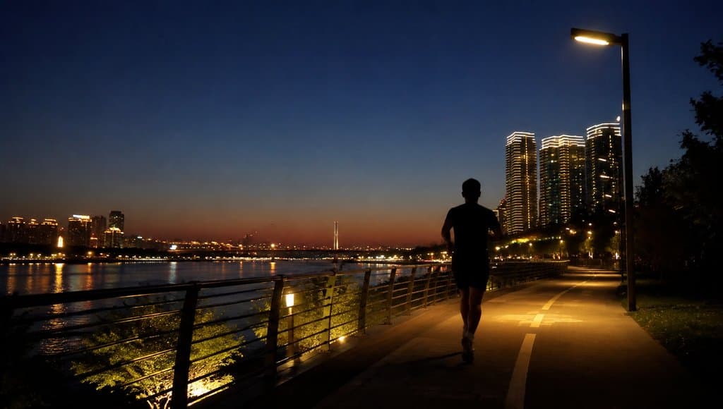 夜色中一名跑者在城市河边步道奔跑，背景是灯火辉煌的现代高楼和水面倒影，灯光柔和，氛围宁静。