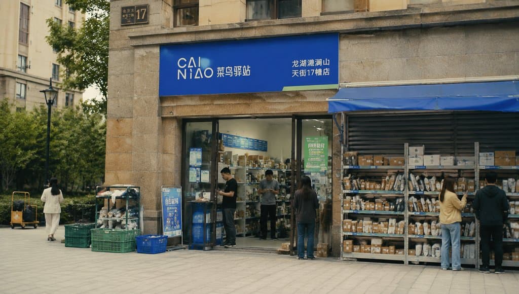 菜鸟驿站门口，顾客取件，货架堆满包裹，现代都市写实风格
