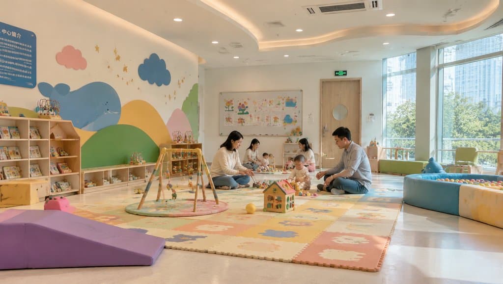 早教中心室内场景，家长与幼儿在彩色爬行垫上玩耍，墙面绘有卡通云朵和鲸鱼，充满童趣