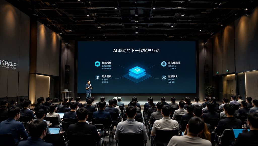 现代路演厅内，演讲者在大屏幕前讲解AI驱动的客户互动，观众席坐满听众，科技感十足的写实场景