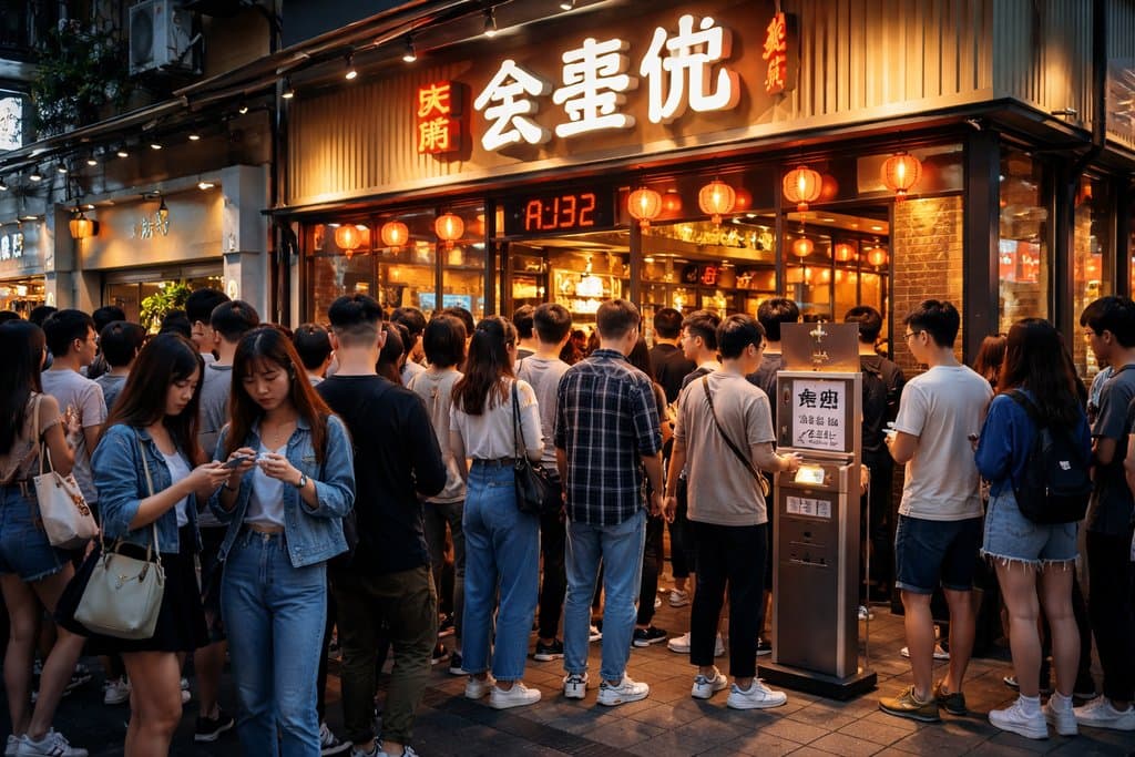 网红餐厅门口人群排队，取号机前等待，暖光招牌与灯笼装饰，现代都市写实风格