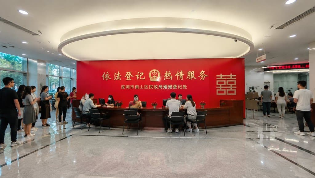 民政局婚姻登记处，红色背景墙配囍字，现代都市写实风格