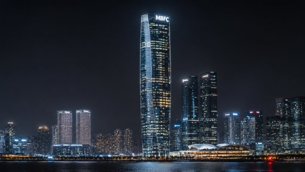 夜景中的CBD摩天大楼群，玻璃幕墙闪耀灯光，顶部显示MBFC标志，现代都市写实风格
