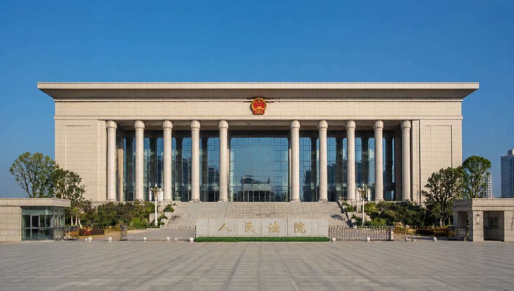 现代法院大楼，正面立柱与台阶，法徽醒目，广场开阔，写实建筑风格