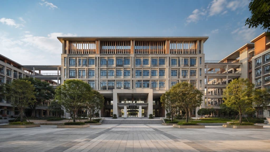 现代大学教学楼，规整立面与连廊设计，前方开阔广场，绿树环绕，写实建筑风格