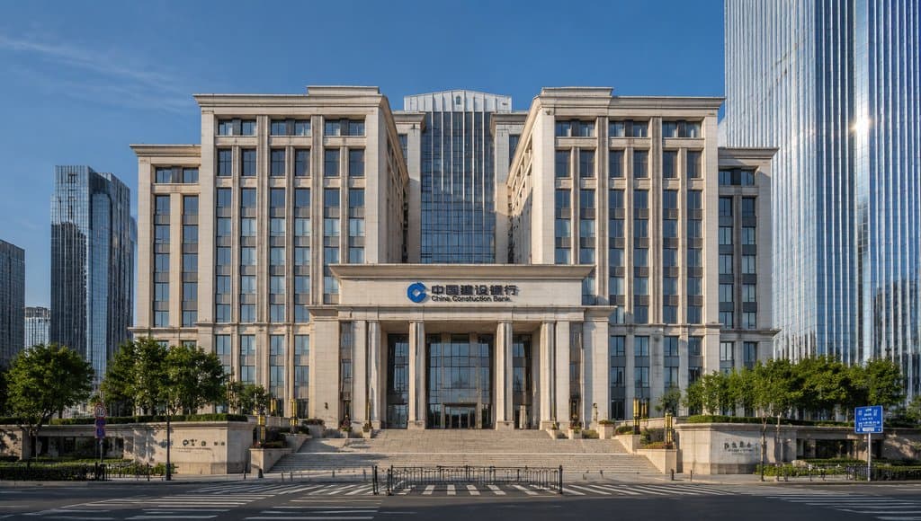 中国建设银行现代石材建筑，对称立面与玻璃幕墙结合，台阶入口，都市写实风格