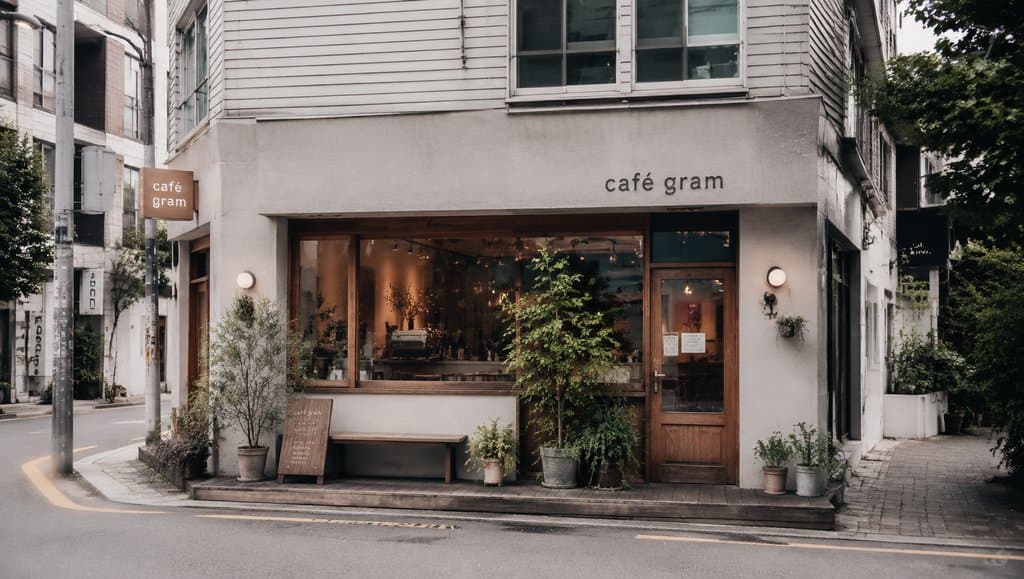 网红咖啡店外观，文艺门面搭配绿植和木质招牌，现代都市写实风格建筑