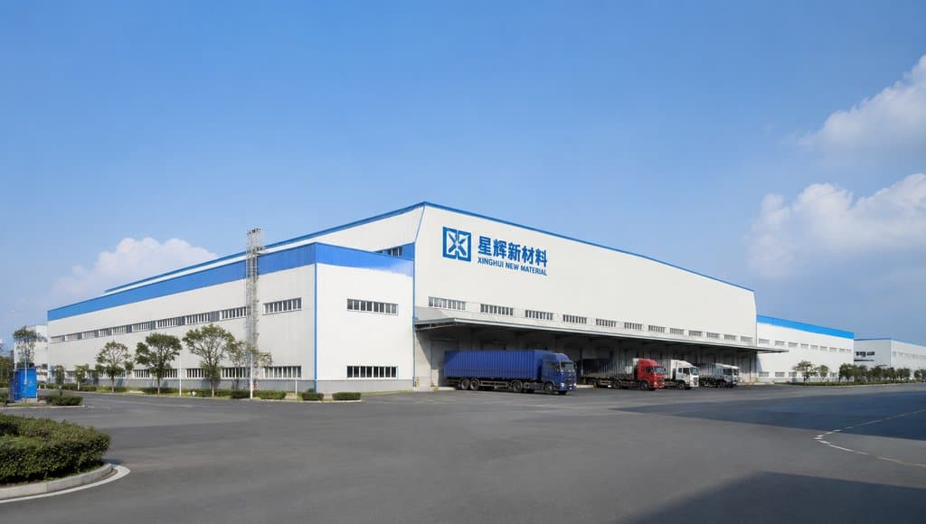 现代工厂厂房外观，白色蓝边建筑，星辉新材料logo，货车停靠装卸区，写实风格