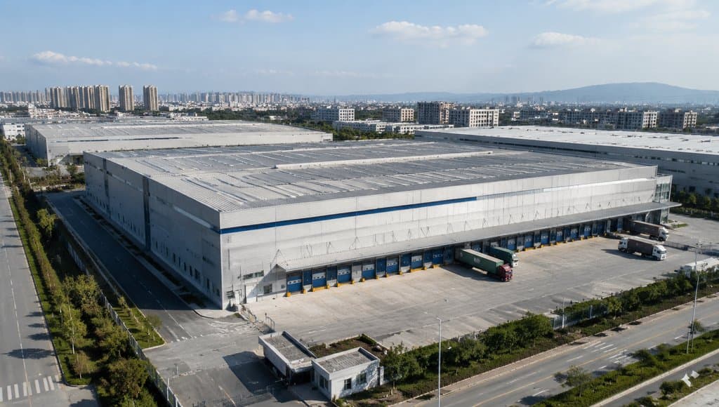 现代物流仓储园，连片仓库建筑，蓝色卷帘门与月台，写实风格
