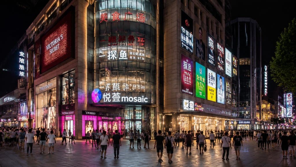 夜晚繁华步行街商业楼，密集霓虹招牌与橱窗，现代都市写实风格