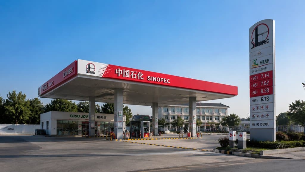 中国石化加油站，红色罩棚，油价显示屏，便利店，现代都市写实风格