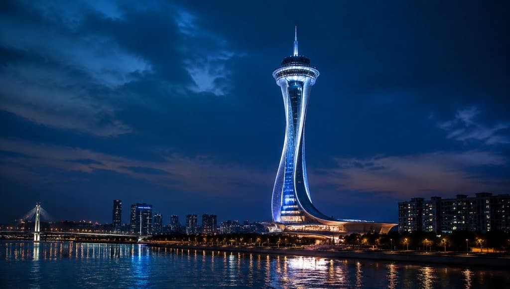 夜晚灯光下的流线型观景塔，倒映在江面，现代都市夜景