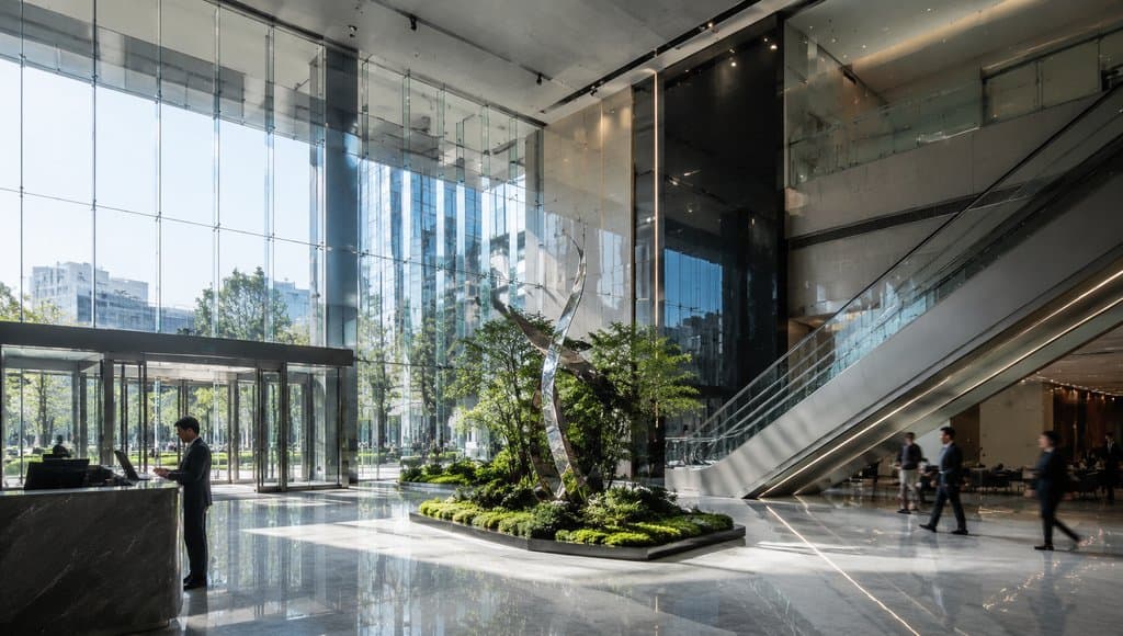 现代写字楼大堂中庭，挑高玻璃幕墙，扶梯与绿植点缀，写实建筑风格