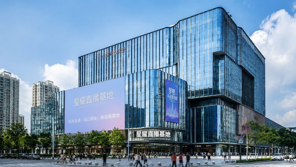 现代玻璃幕墙直播基地大楼，品牌墙醒目，人流穿梭，都市写实风格
