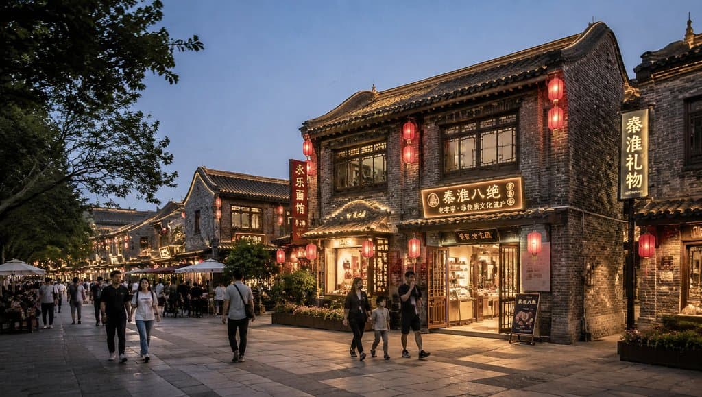 夜晚古镇商业街，青砖建筑配红灯笼，行人穿梭，灯光温暖，传统与现代融合的写实场景