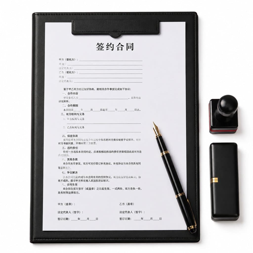 现代都市写实风格的合同文件、钢笔、印章和公文夹，黑色皮革质感，简洁专业