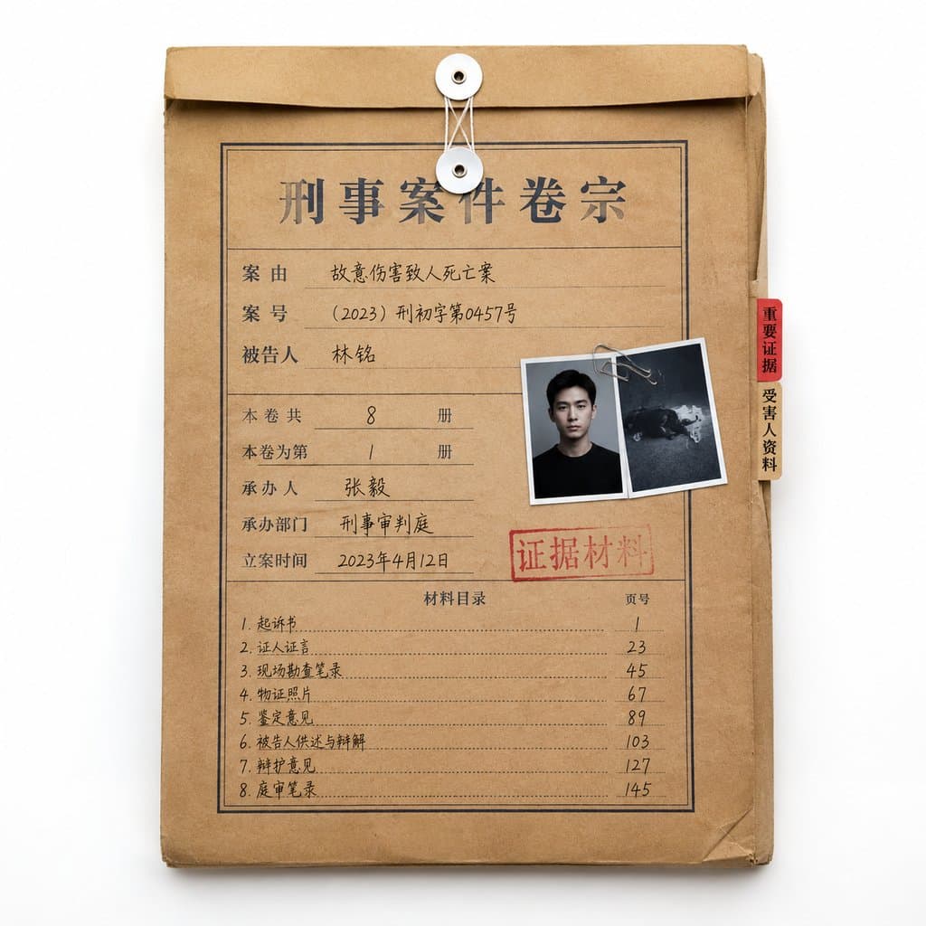 刑事案卷宗文件袋，贴有嫌疑人与现场照片，复古写实风格