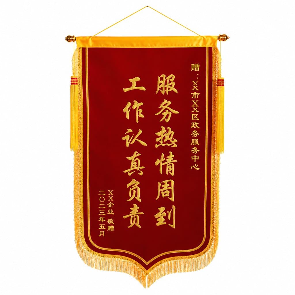 红色锦旗，烫金文字，金色流苏，现代都市写实风格道具