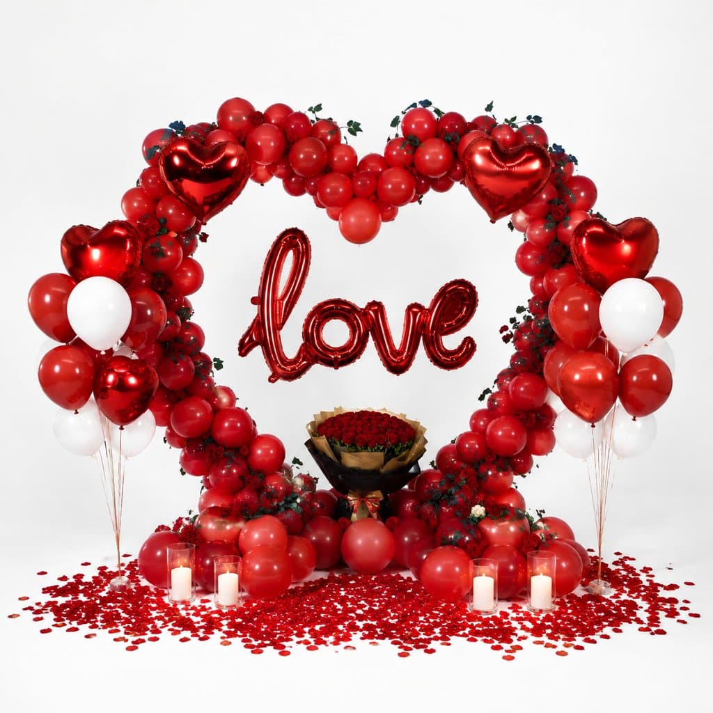 红色心形气球拱门，中央悬挂love字样，搭配玫瑰花束和蜡烛，浪漫求婚场景