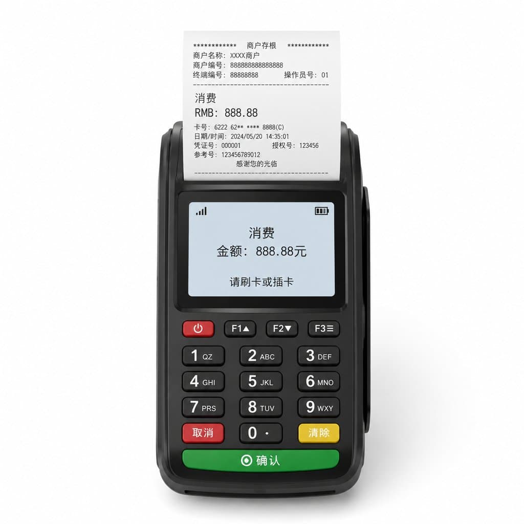 现代POS机收银设备，显示消费888.88元，带小票和按键界面，写实风格3D渲染