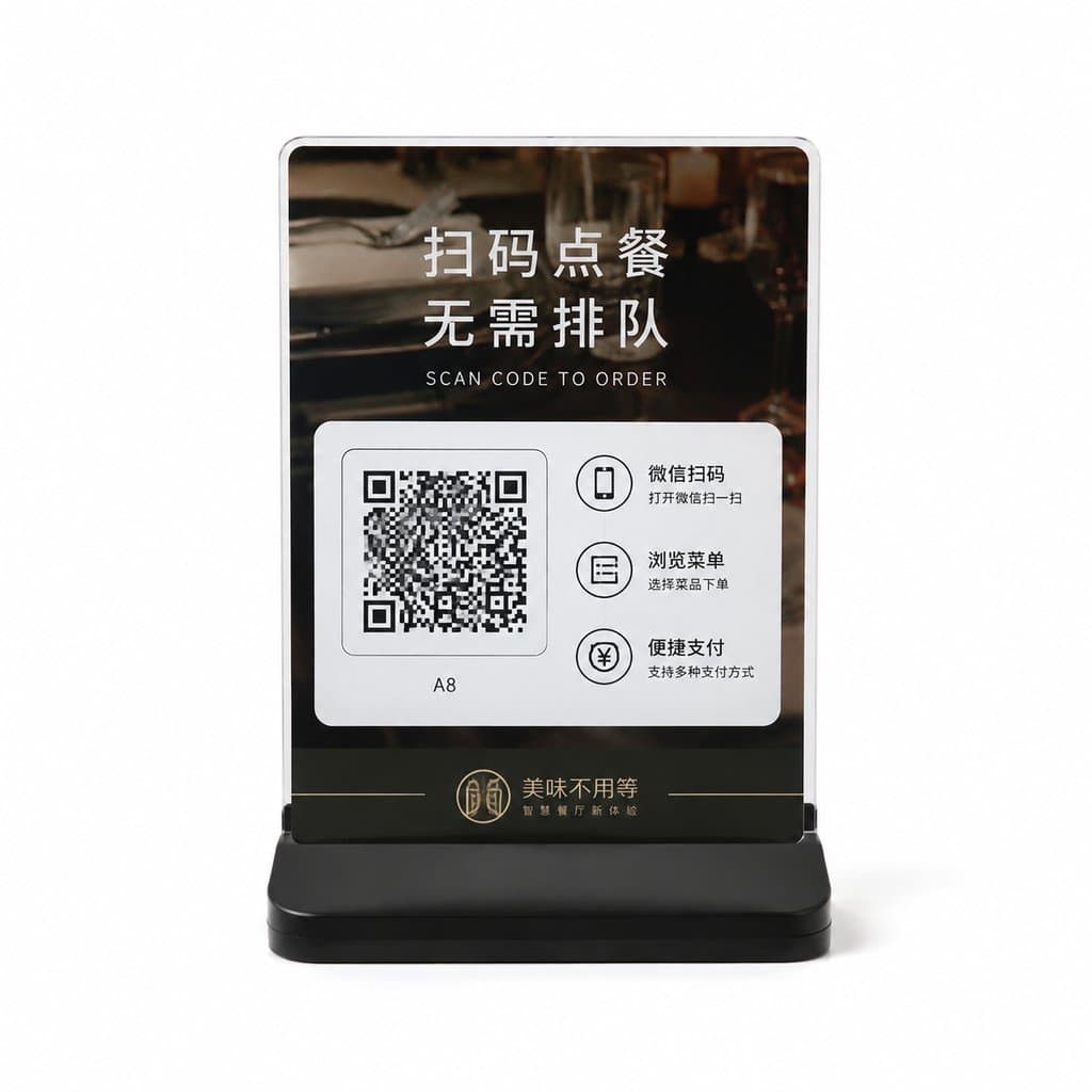 现代餐厅扫码点餐机，黑色立式设计，屏幕显示二维码和操作指引，简约写实风格