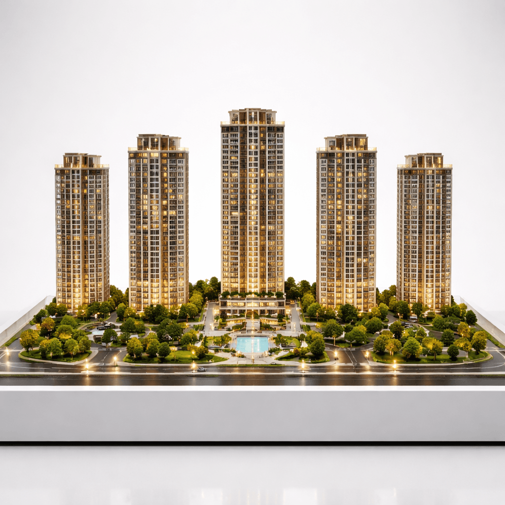 现代都市豪宅模型沙盘，五栋高层建筑环绕中央泳池，灯光璀璨，绿植环绕，写实微缩场景
