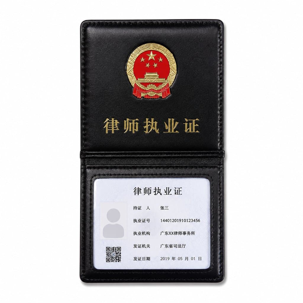 律师执业证，黑色皮质封面，金色国徽与文字，内含证件信息，现代写实风格