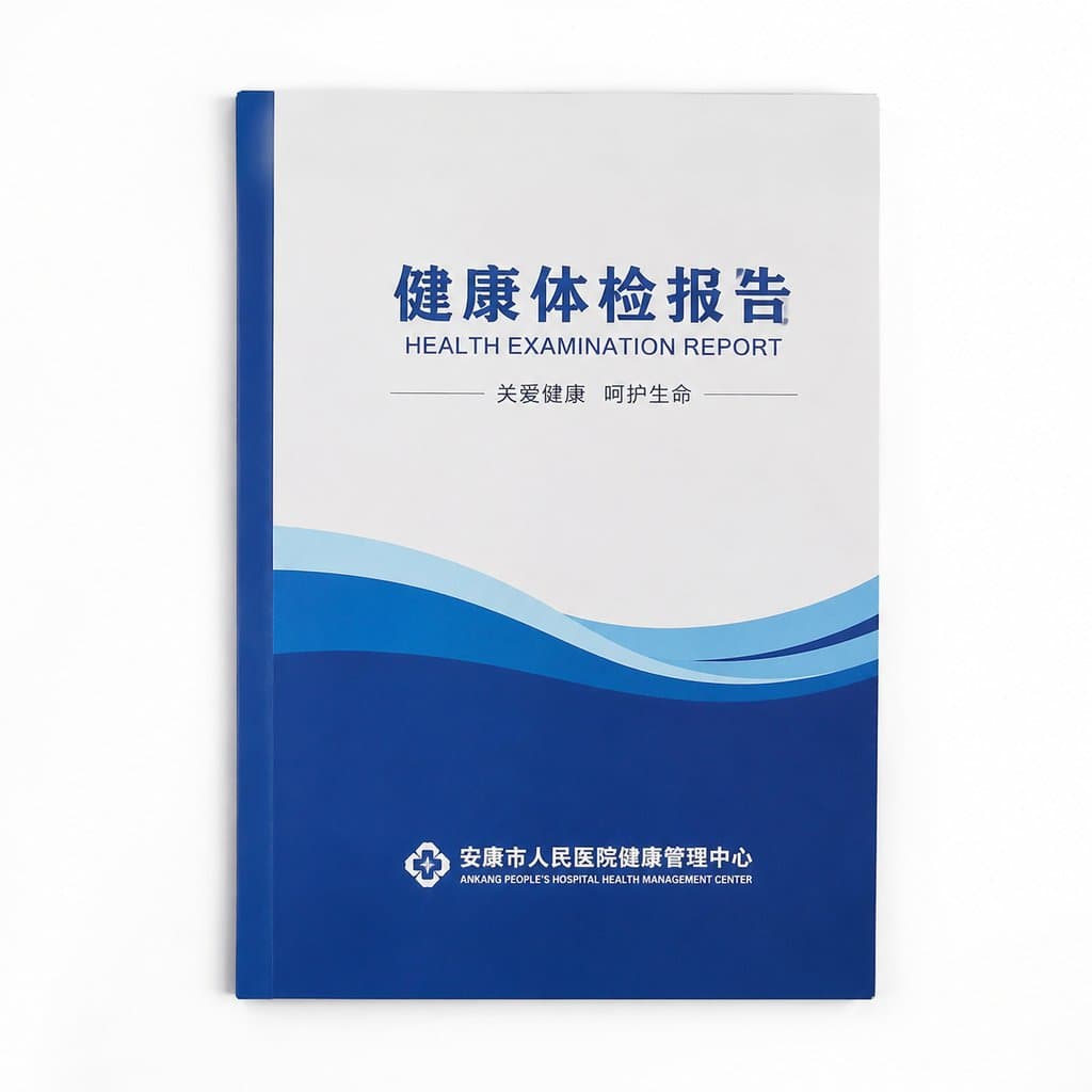 健康体检报告封面，蓝白配色，现代简约风格，包含医院名称和波浪形图案