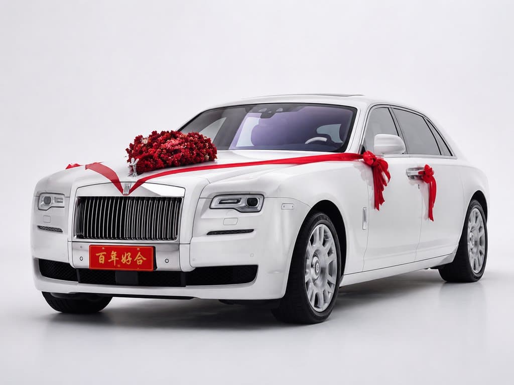 白色劳斯莱斯婚车，装饰红色花束与红绸，前车牌写有“百年好合”，现代都市写实风格
