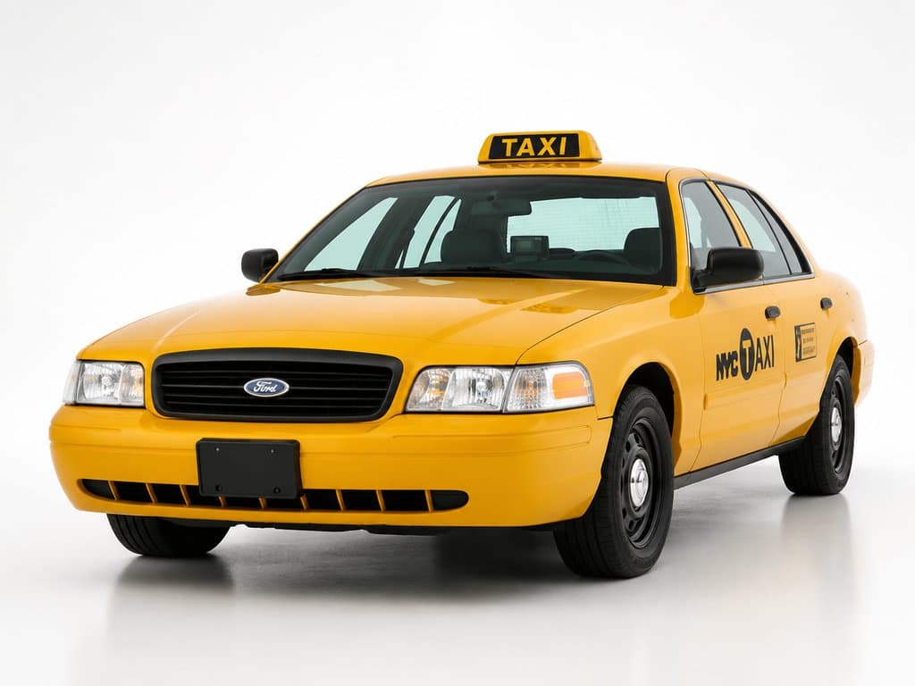 黄色纽约出租车，顶灯亮起，车身印有NYC TAXI标志，现代都市写实风格