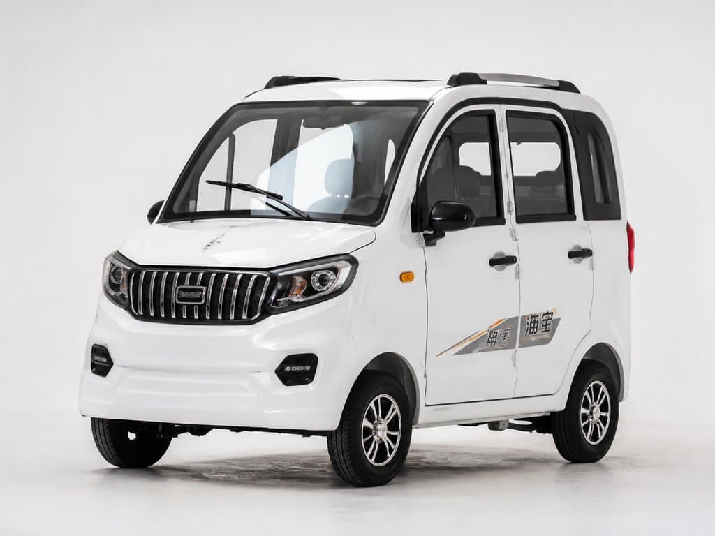 白色封闭式老年代步车，小巧现代设计，3D写实风格