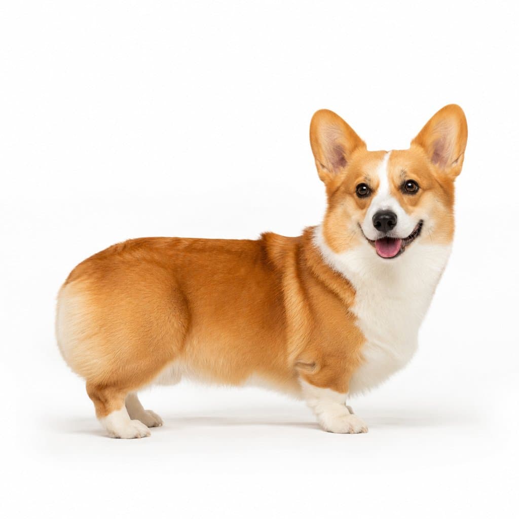 柯基犬站立，短腿立耳，毛色棕白相间，表情萌态可掬，现代都市写实风格
