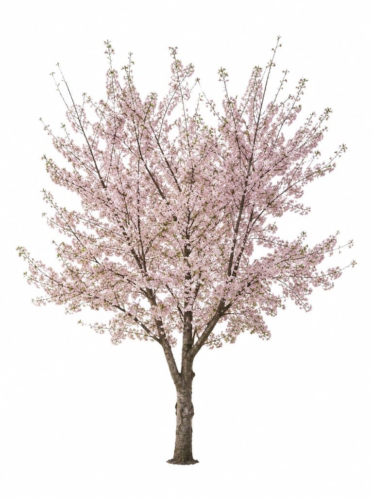 盛开的樱花树，粉白繁花，枝叶舒展，现代都市写实风格